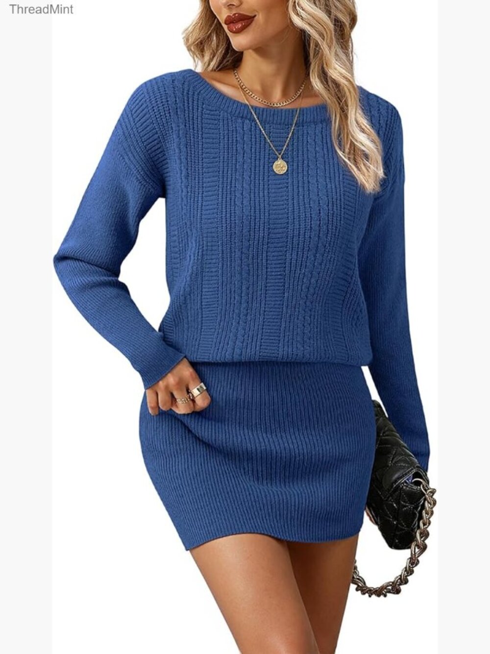 Cable Knit Mini Sweater Dress Boat Neck Off Shoulder Bodycon Long Sleeve